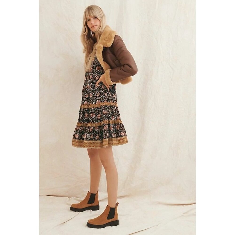 Anthropologie Almeria Ruffled Mini Dress By Othilia Cotton Black/Floral Print - Picture 5 of 13